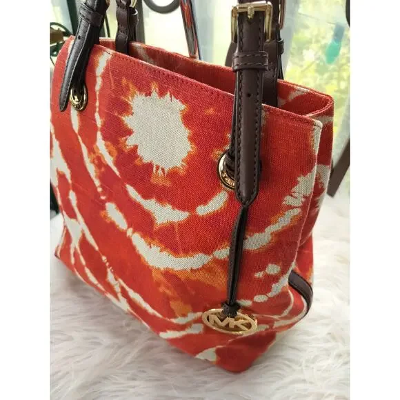 5207) Michael Kors Jet Set Tie Die Persimmon Orange Canvas Tote Leather Handle - Picture 2 of 9